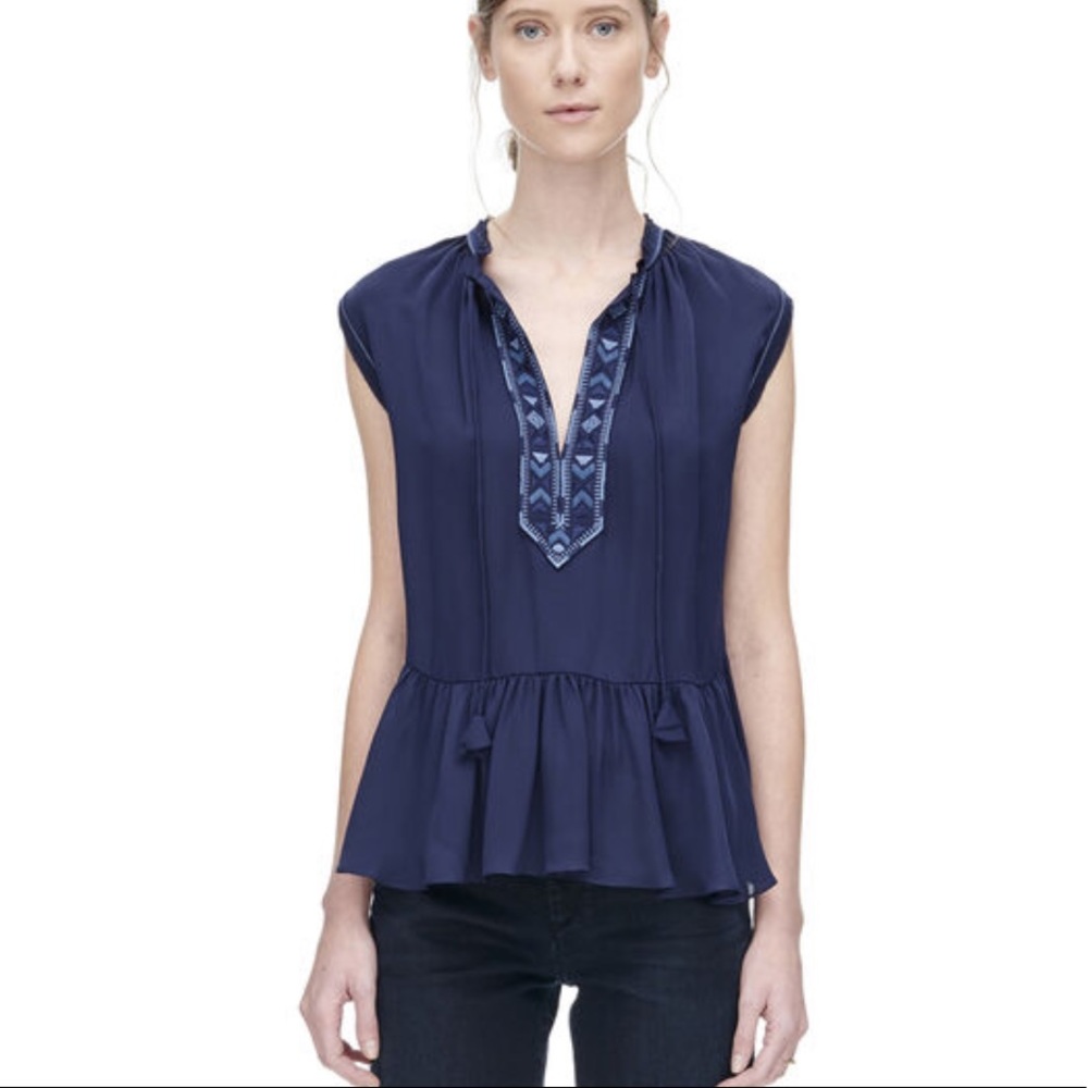 Rebecca Taylor Silk Blouse Embroidered Blue Top Sm